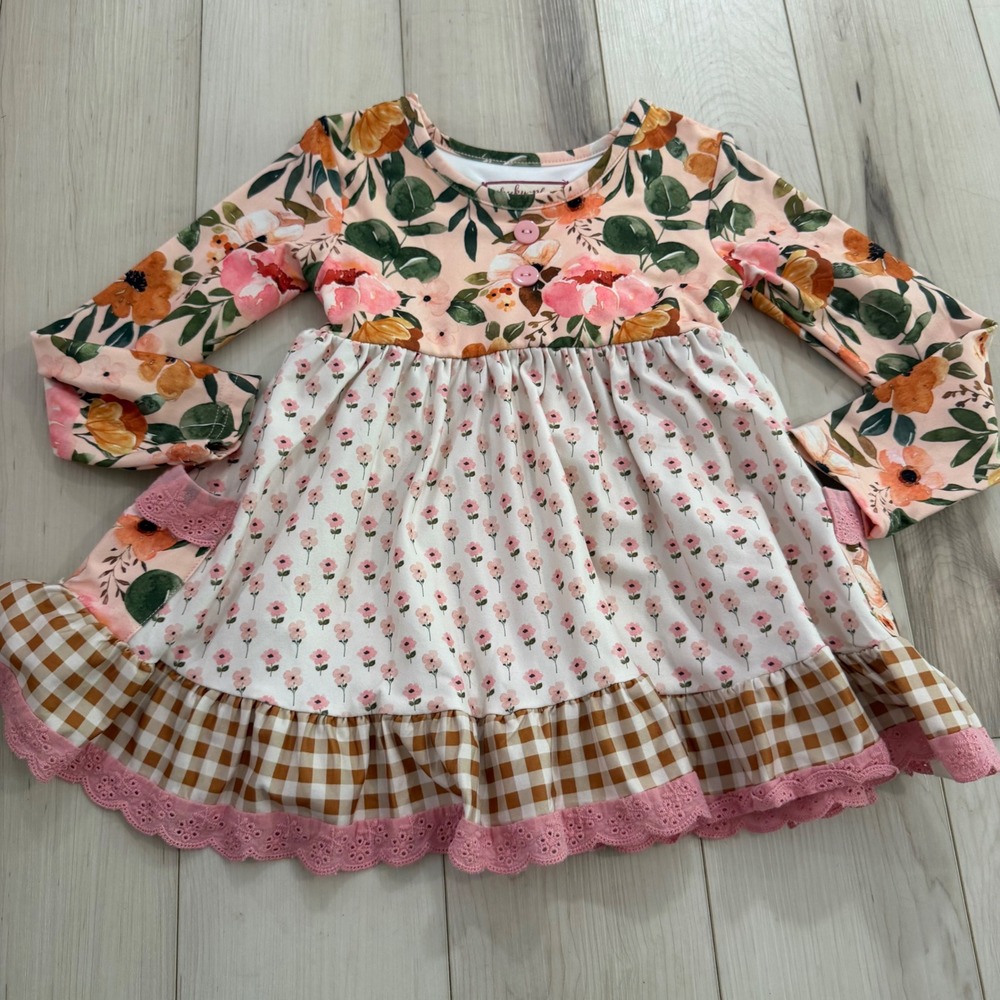 Cheeky Plum Girls Floral Gingham Mixed Media Dress Pink Brown 3T Long Sleeve